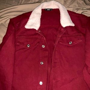 FURR COLLAR BURGUNDY DENIM JACKET SHEIN